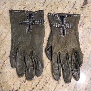 Vintage Size S/M Green Leather Silk Lined Metal Cross Goth Moto Faded Gloves